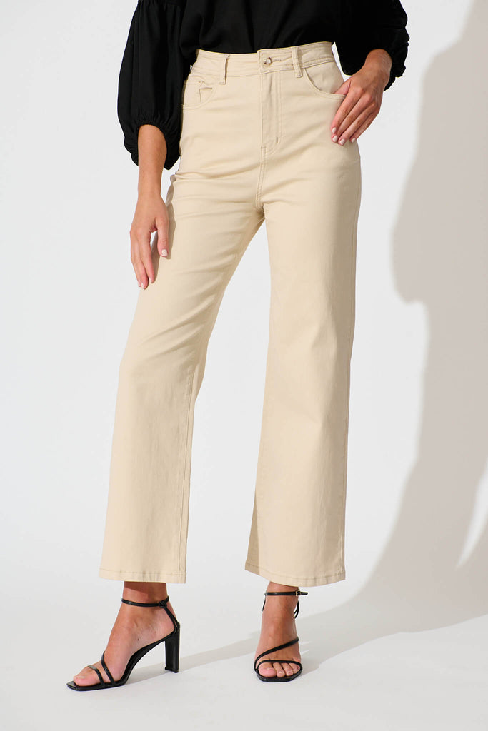 Yoko High Rise Relaxed Leg Jean In Beige Denim - front