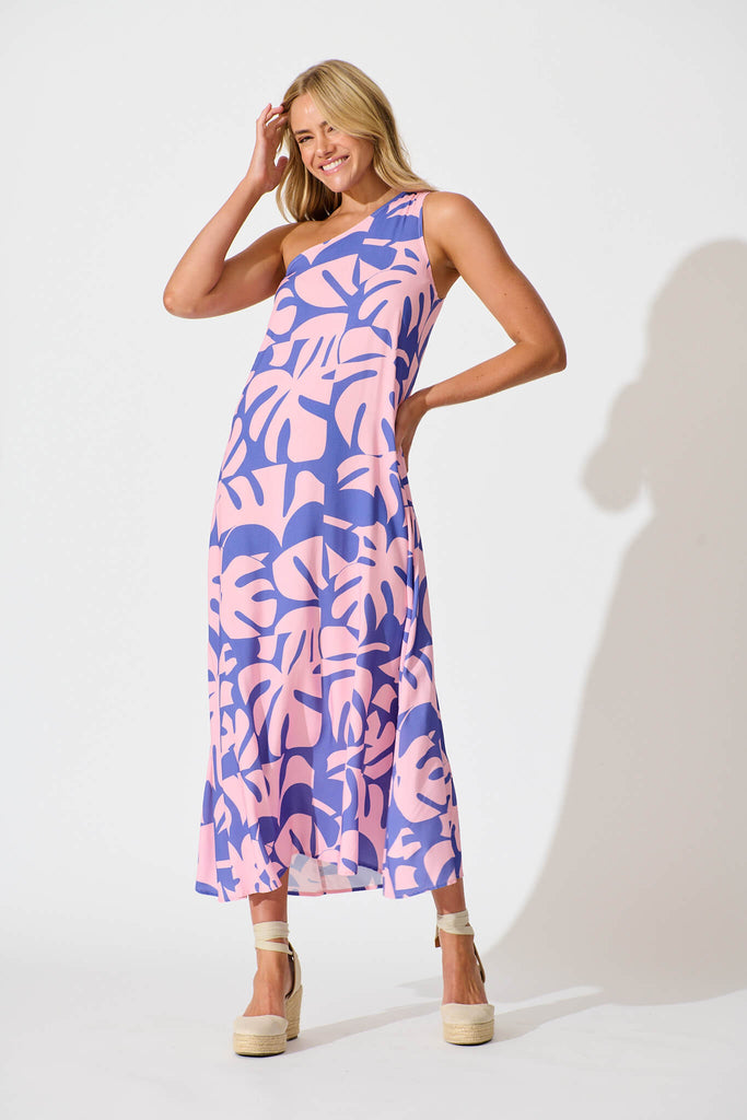 Gloria Off Shoulder Maxi Dress in Blue and Pink Leaf - full length