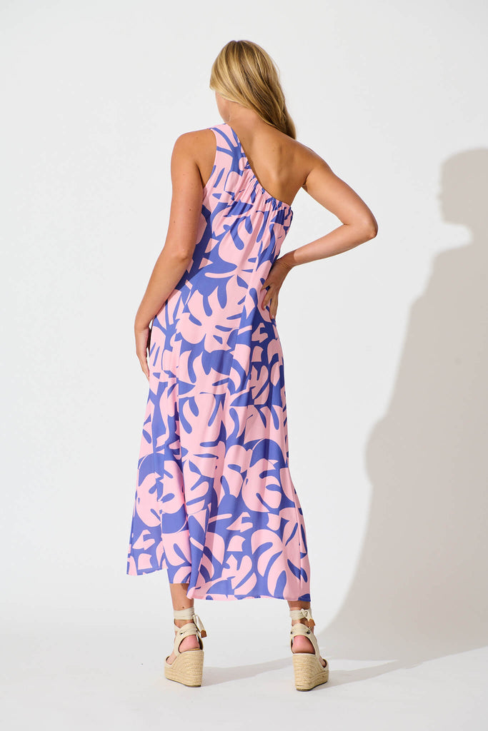 Gloria Off Shoulder Maxi Dress in Blue and Pink Leaf - back