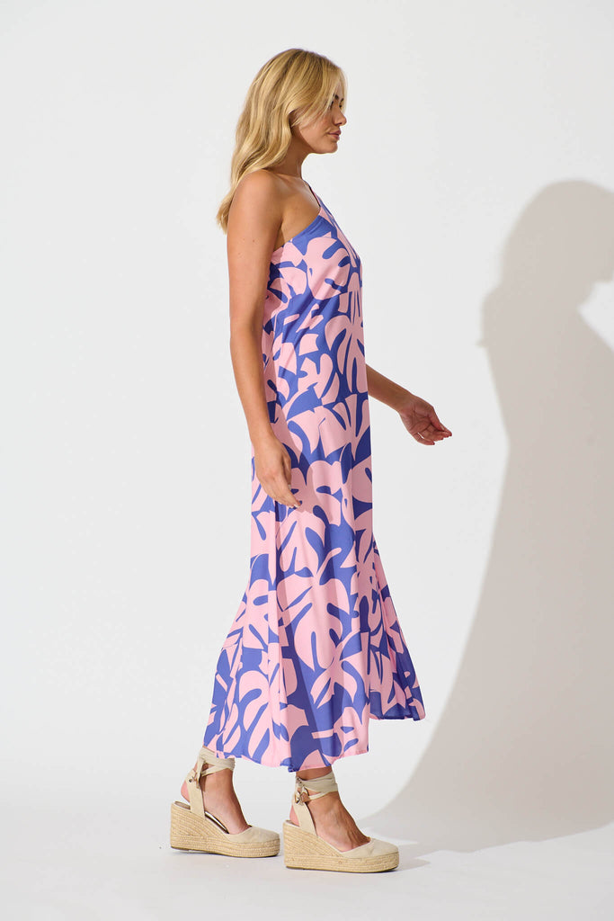 Gloria Off Shoulder Maxi Dress in Blue and Pink Leaf - side