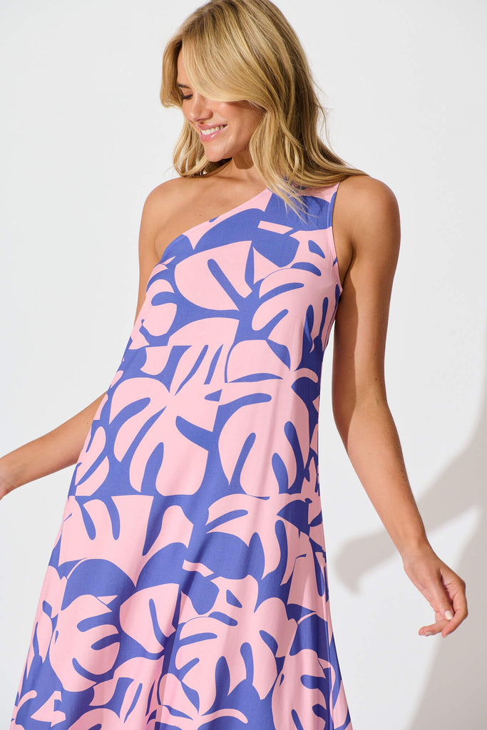 Gloria Off Shoulder Maxi Dress in Blue and Pink Leaf - front