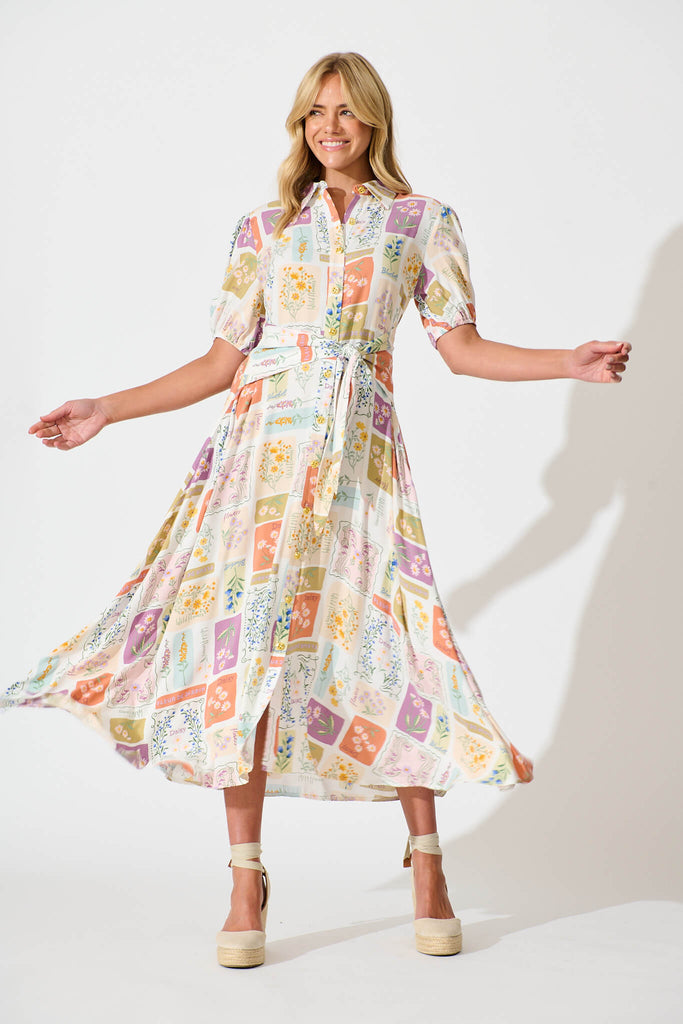 Bella Maxi Shirt Dress In Daisy Patchwork Print - full length