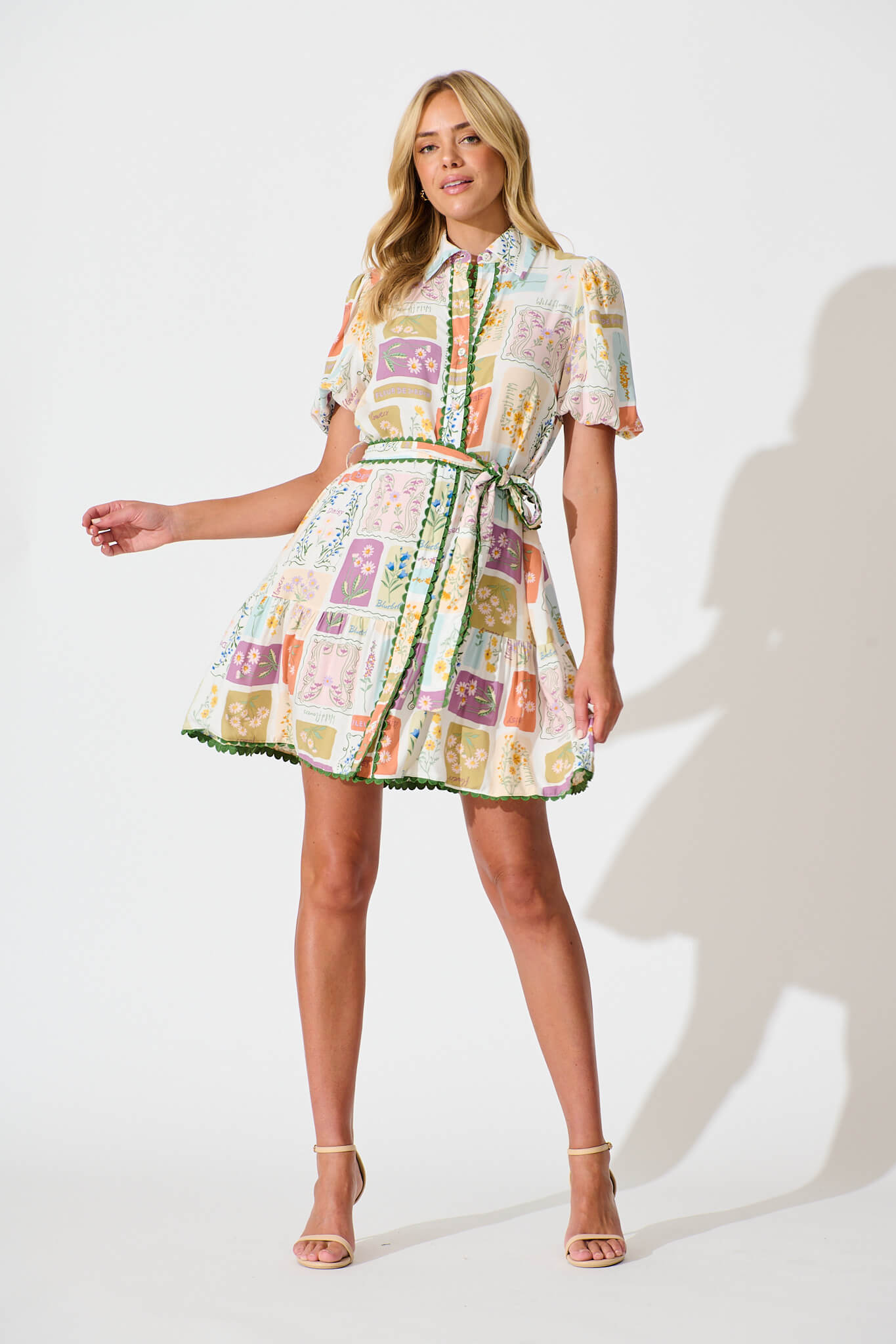 Fairytales Shirt Dress In Daisy Patchwork Print - full length