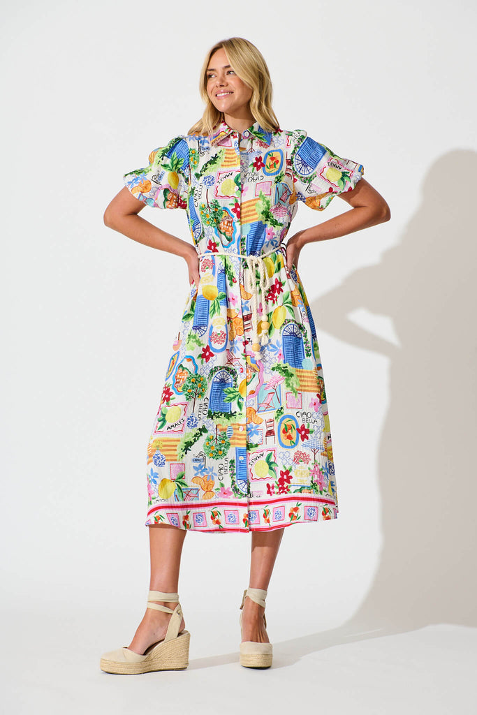 Dearest Midi Shirt Dress In White With Multi Print - full length