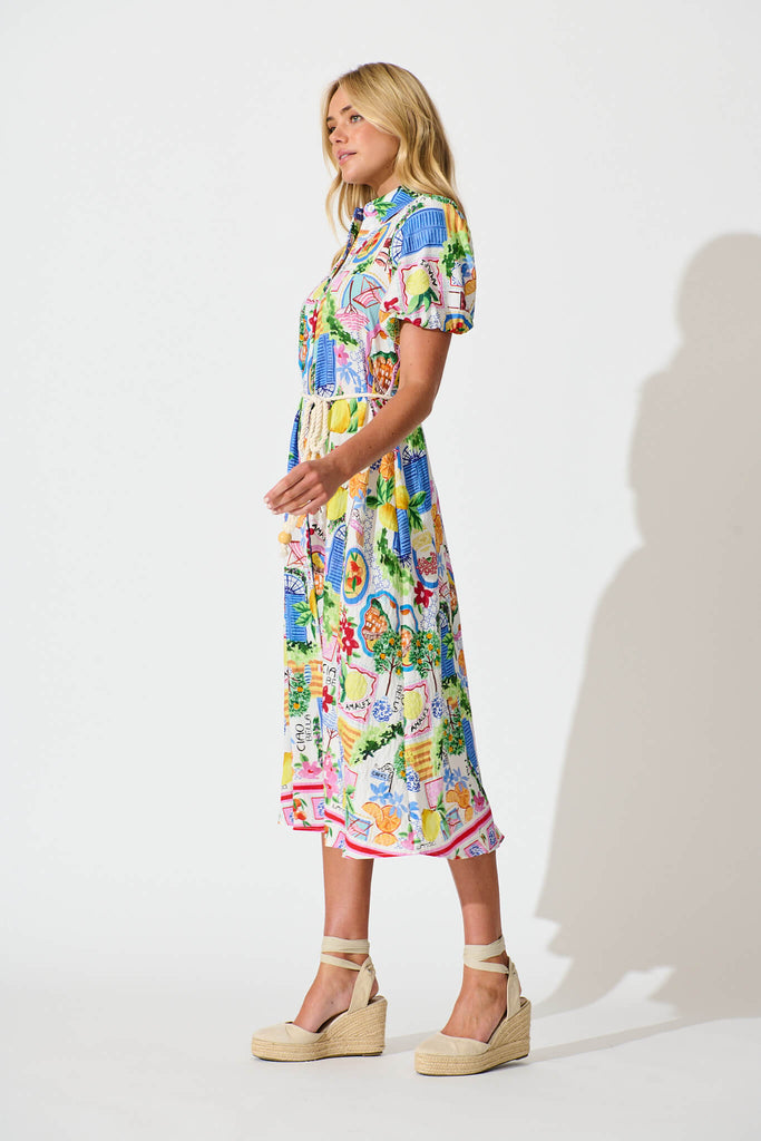 Dearest Midi Shirt Dress In White With Multi Print - side