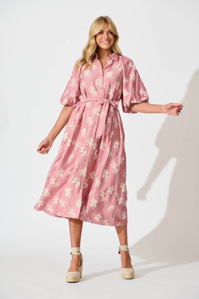 Jasmine Midi Shirt Dress in Dusty Rose with Cream Leaf - full length