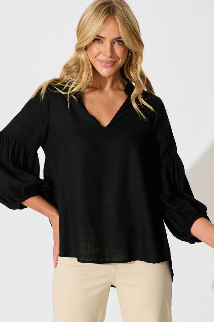 Jasper Top In Black Linen Blend - front