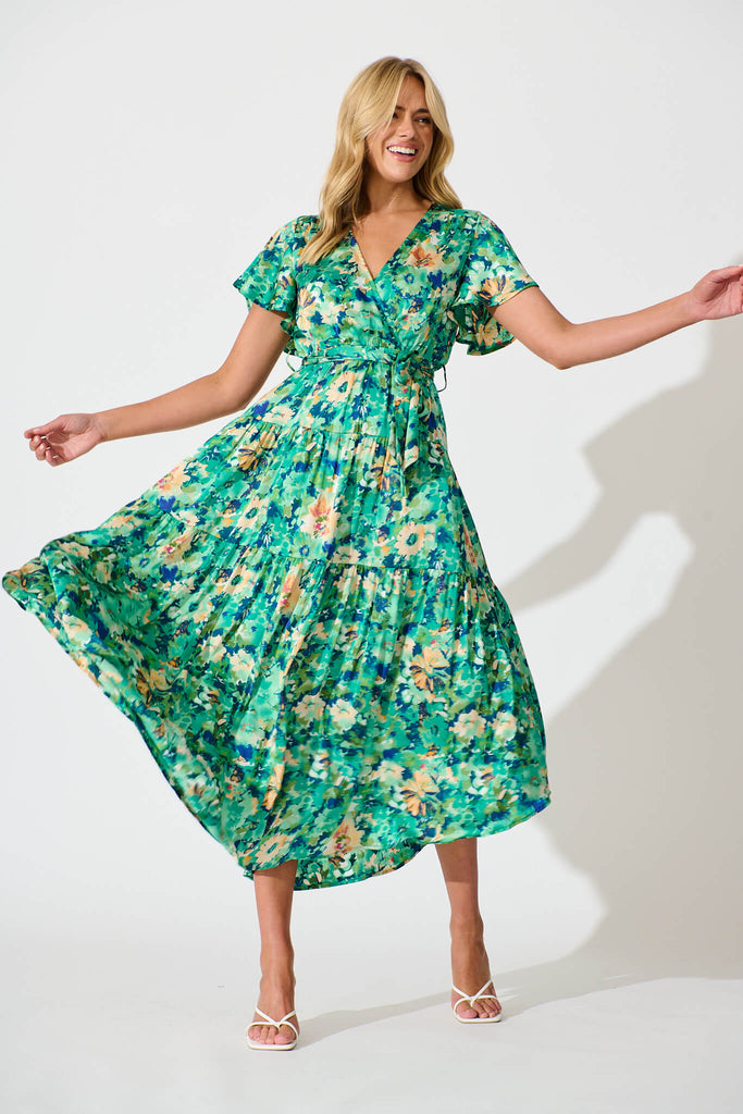 Heidi Maxi Dress In Green Watercolour Floral Satin - full length