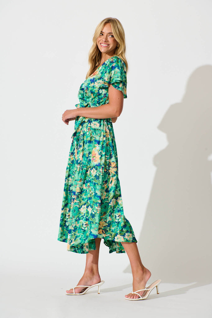 Heidi Maxi Dress In Green Watercolour Floral Satin - side