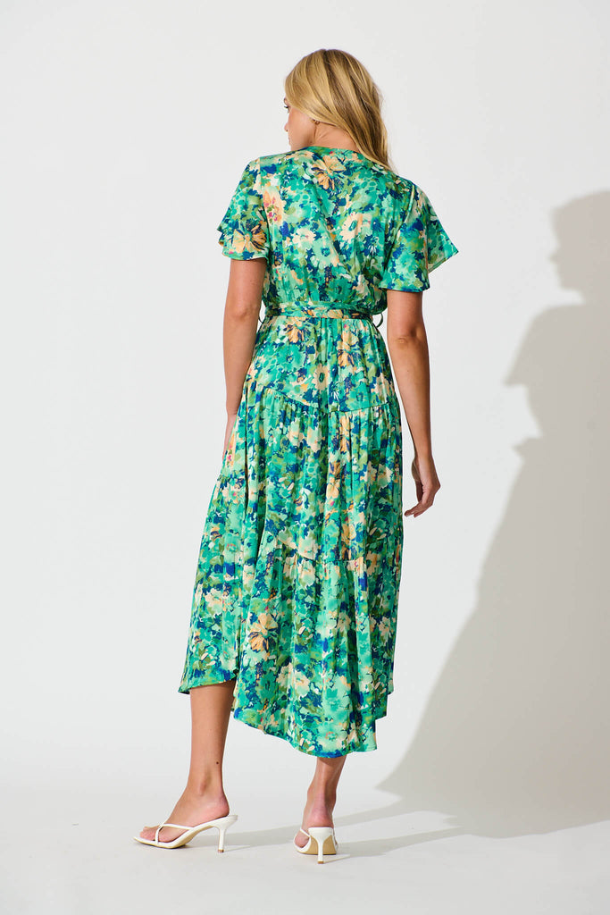 Heidi Maxi Dress In Green Watercolour Floral Satin - back