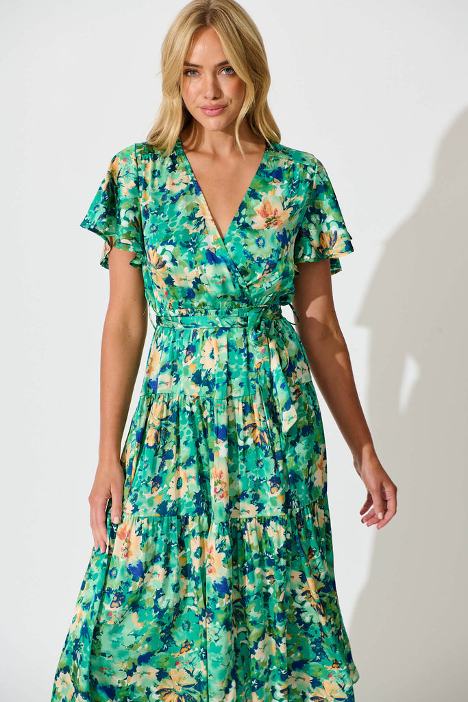 Heidi Maxi Dress In Green Watercolour Floral Satin - front