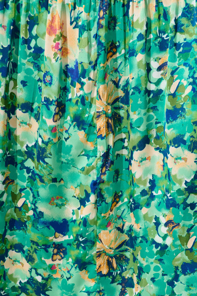 Heidi Maxi Dress In Green Watercolour Floral Satin - fabric