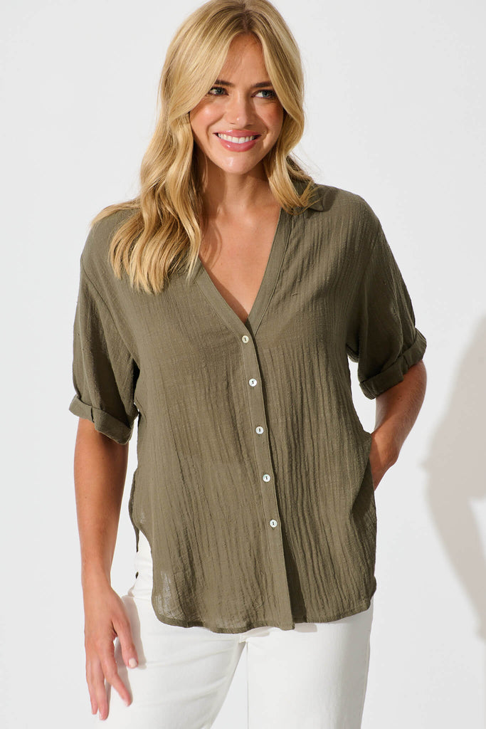 Campbell Shirt in Khaki Cotton - front