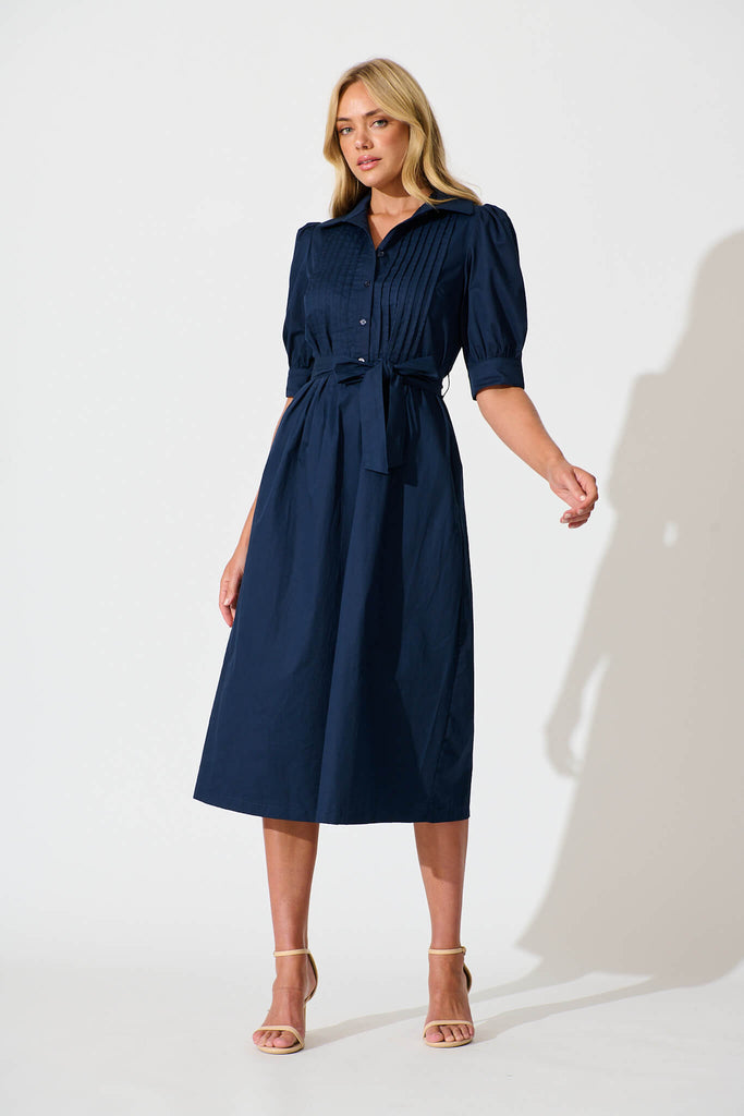 Mila Midi Dress in Navy Cotton - full length