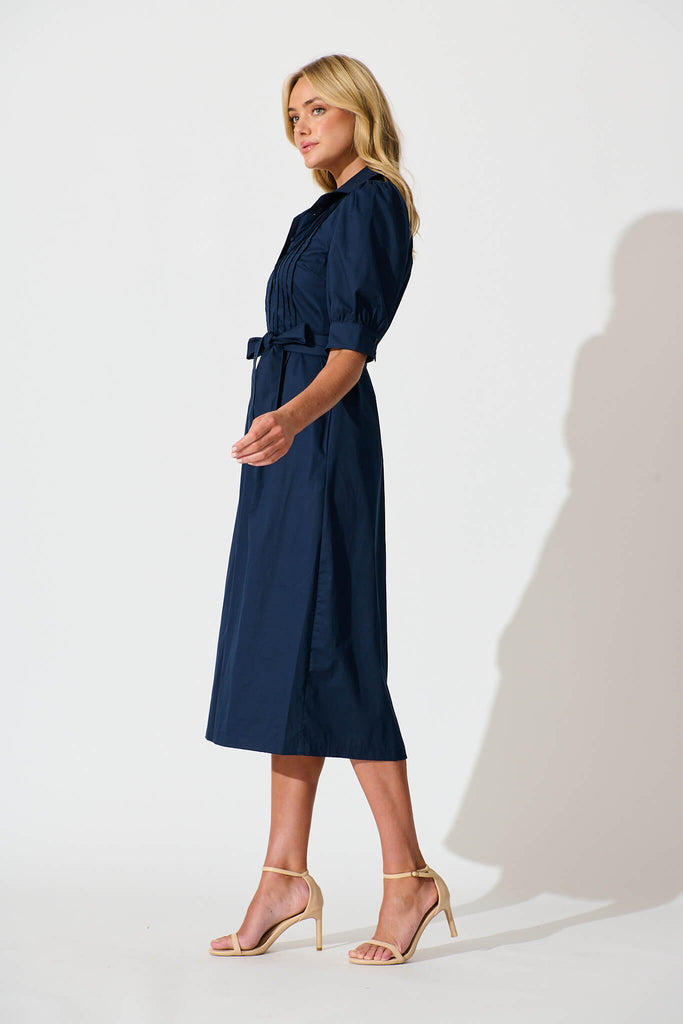 Mila Midi Dress in Navy Cotton - side