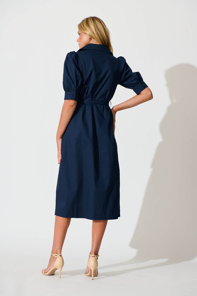 Mila Midi Dress in Navy Cotton - back