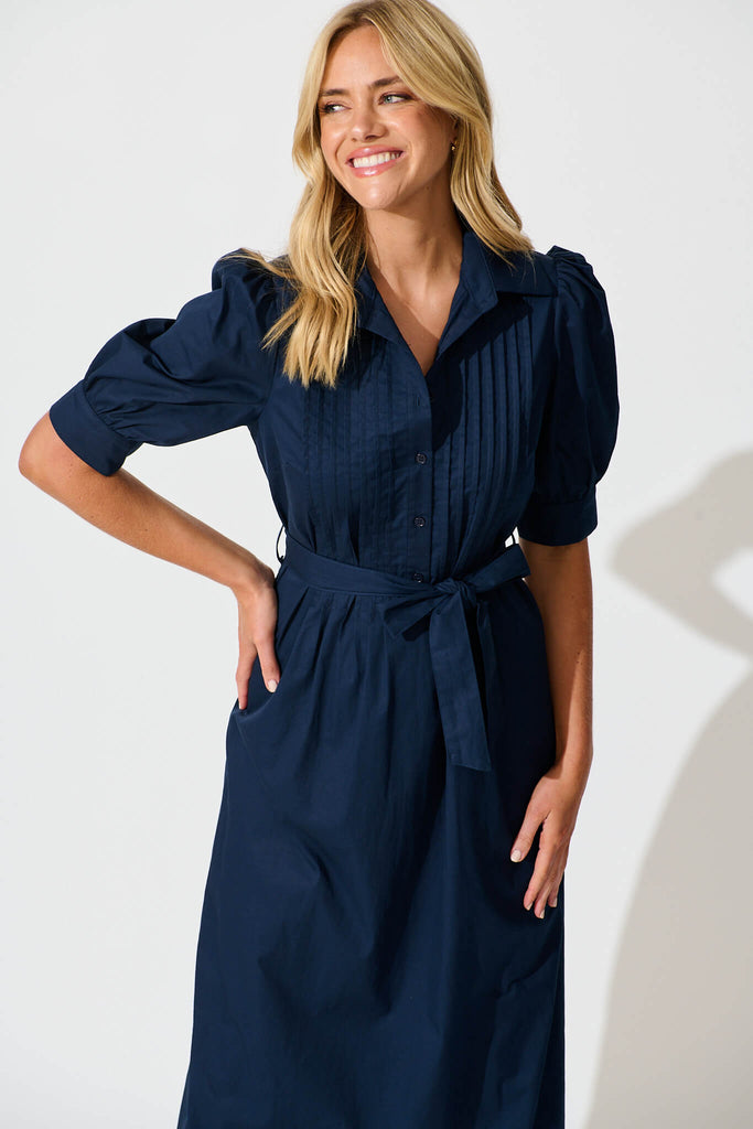 Mila Midi Dress in Navy Cotton - front