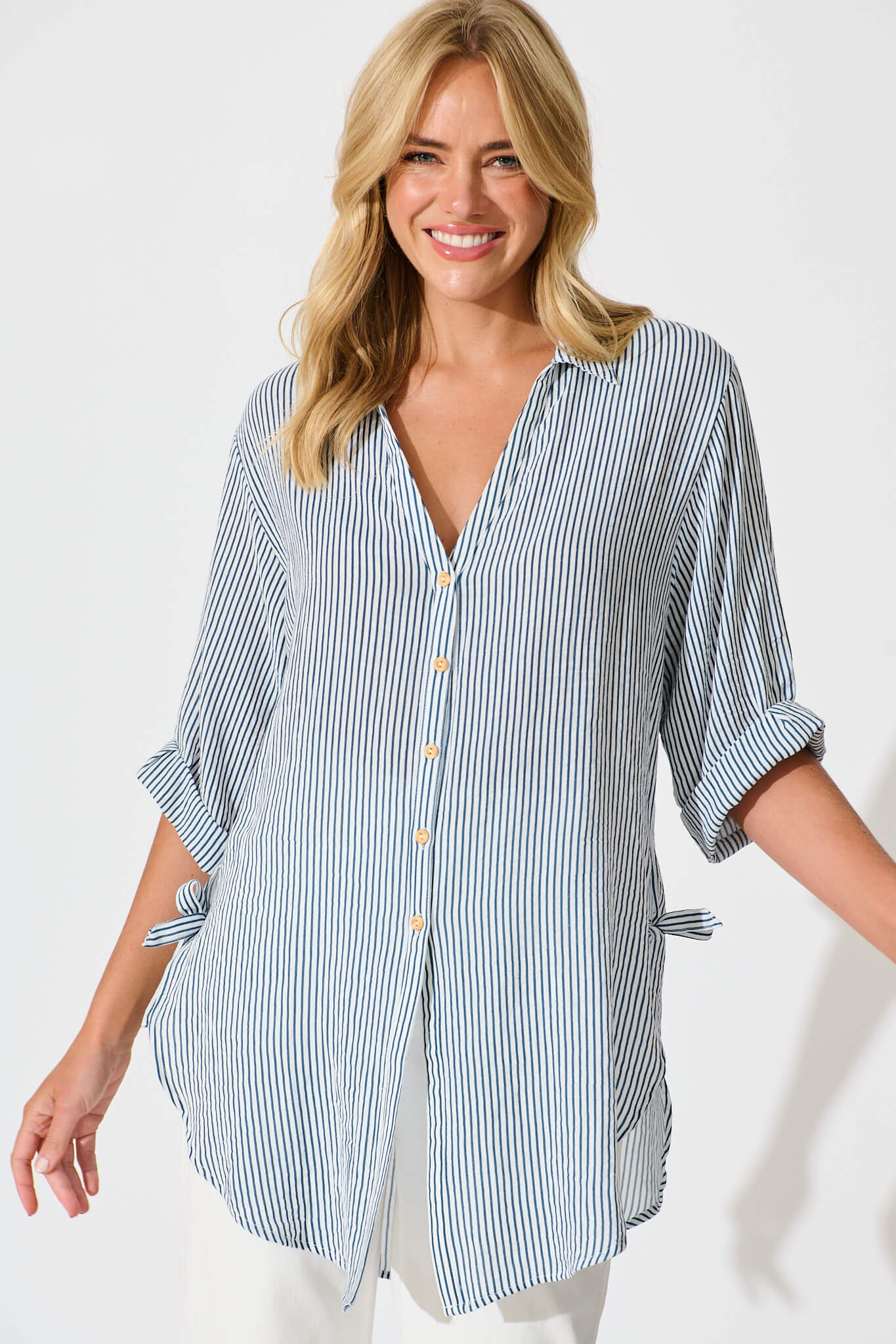 Harper Shirt in Blue and White Stripe Cotton Blend - front