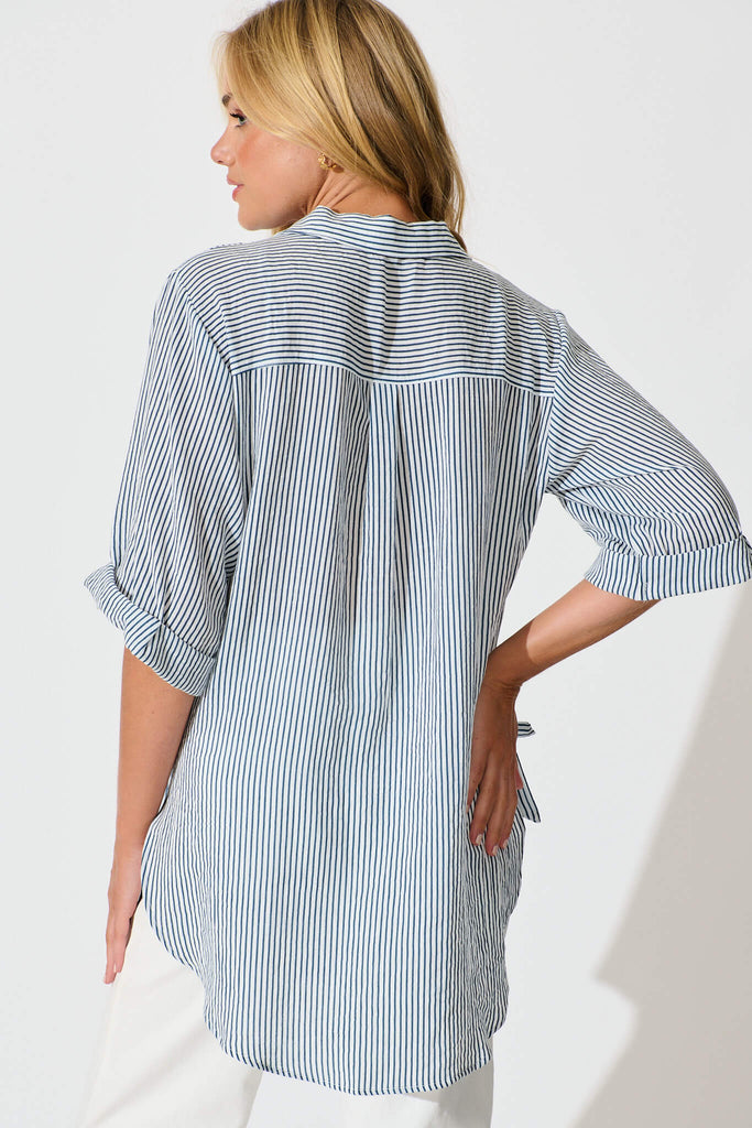 Harper Shirt in Blue and White Stripe Cotton Blend - back