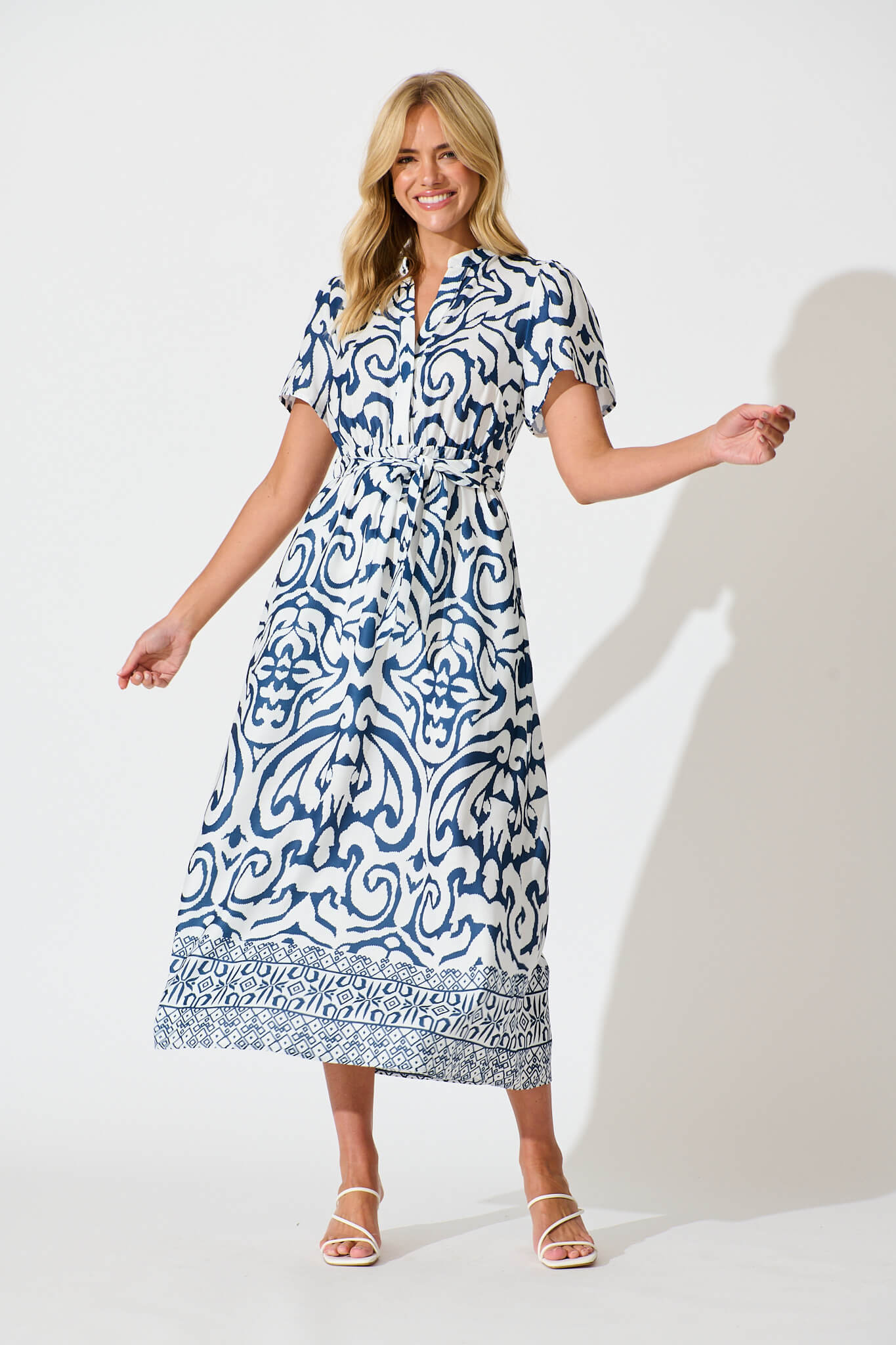 Selina Maxi Dress in White with Navy Linen Blend - full length