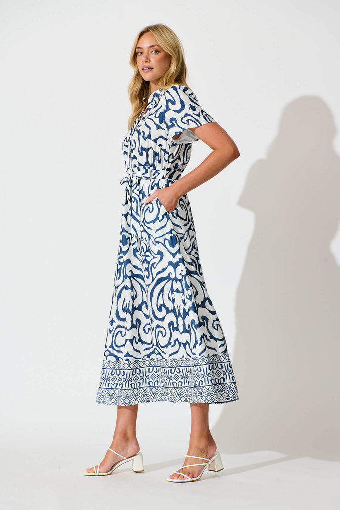 Selina Maxi Dress in White with Navy Linen Blend - side