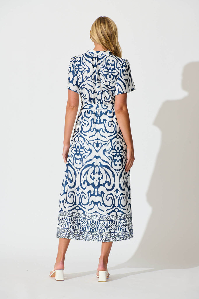 Selina Maxi Dress in White with Navy Linen Blend - back