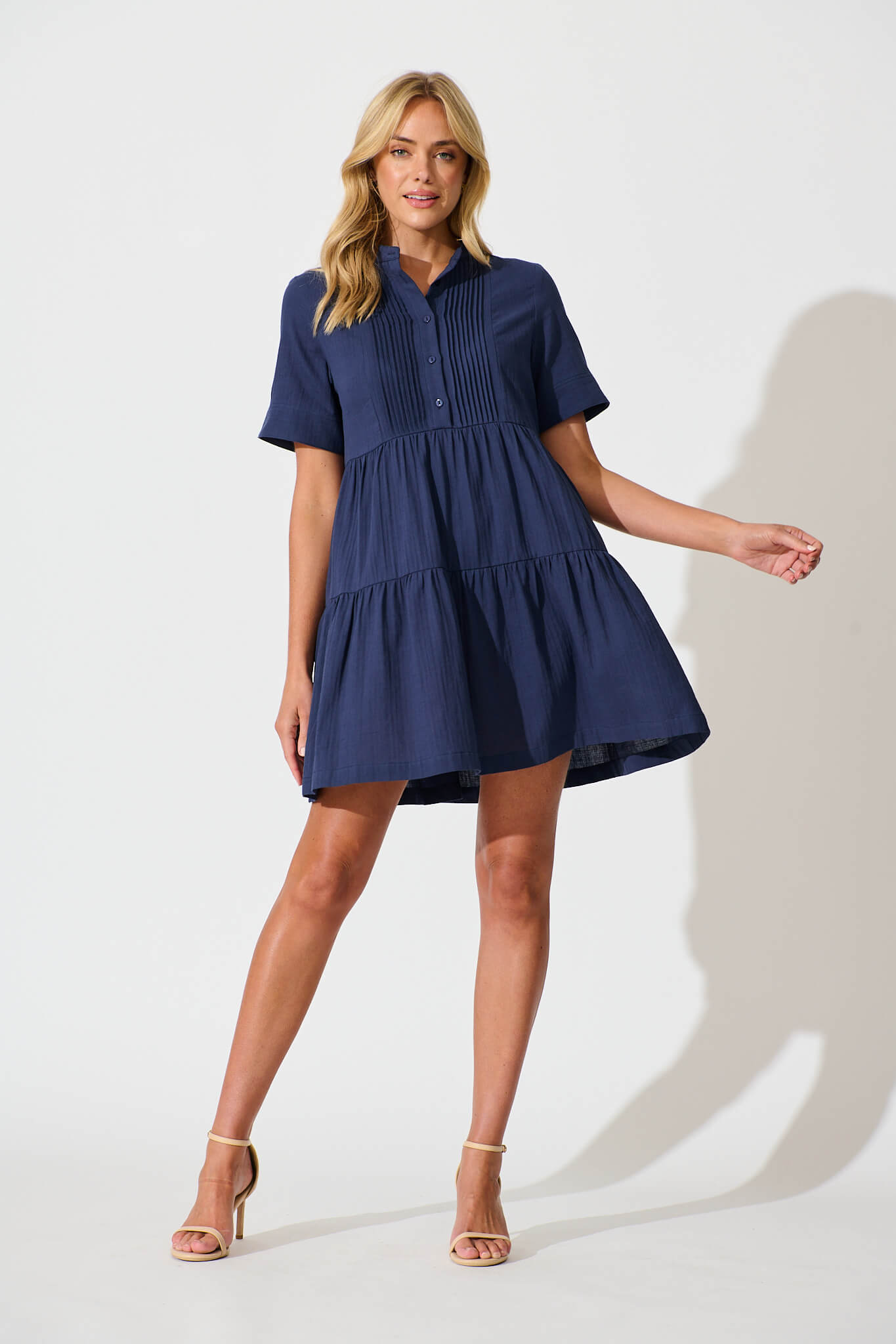 Vienna Smock Dress in Navy Cotton - full length