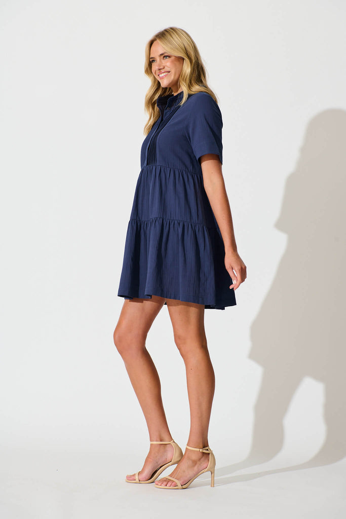 Vienna Smock Dress in Navy Cotton - side