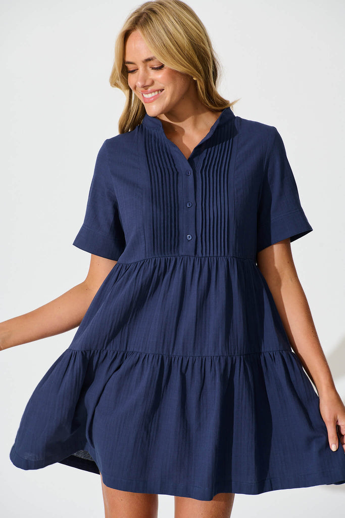 Vienna Smock Dress in Navy Cotton - front