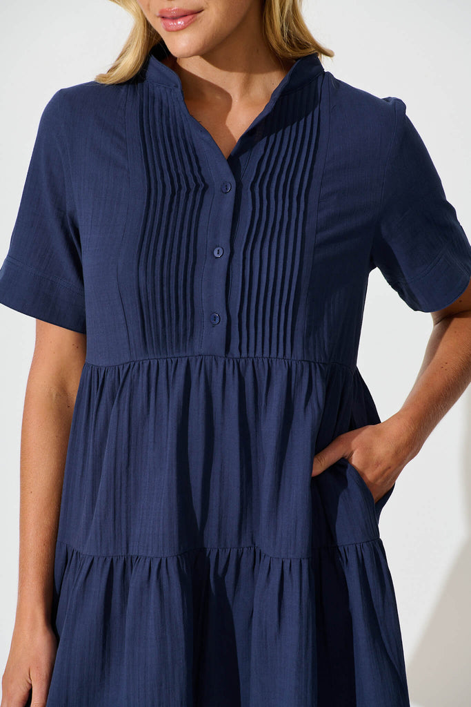 Vienna Smock Dress in Navy Cotton - detail