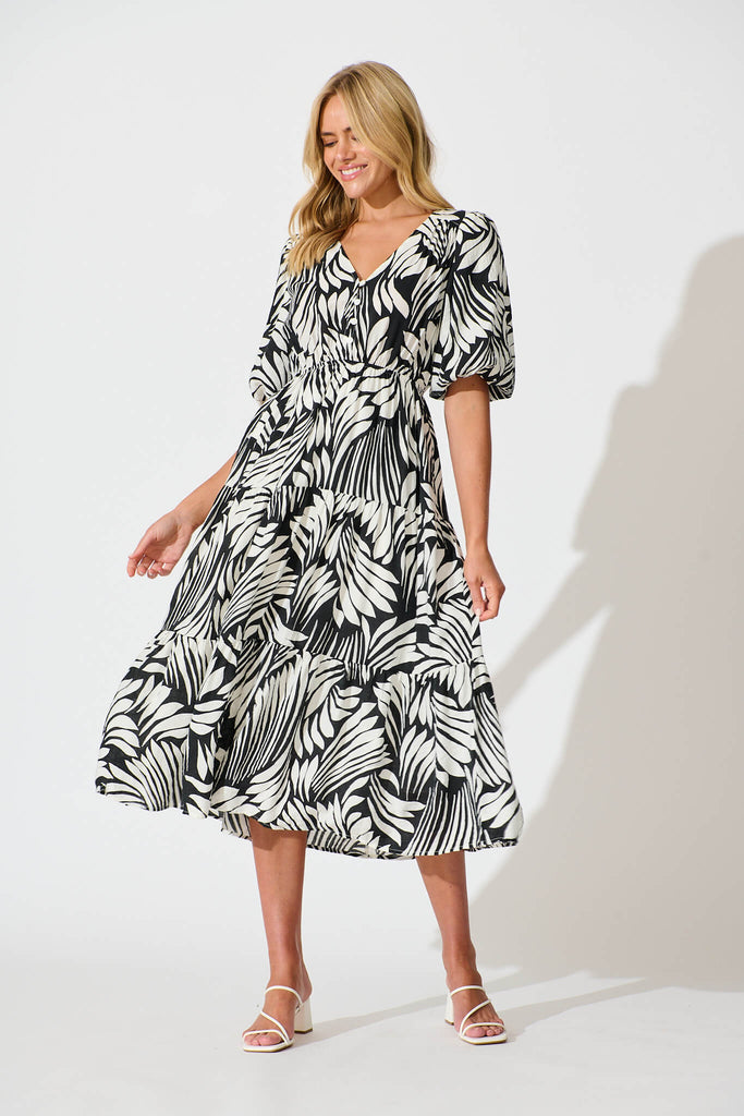 Baltimore Midi Dress in Black with Cream Leaf Print - full length