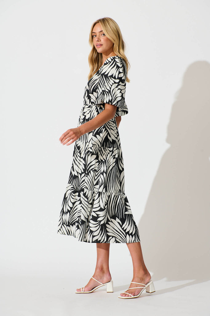 Baltimore Midi Dress in Black with Cream Leaf Print - side