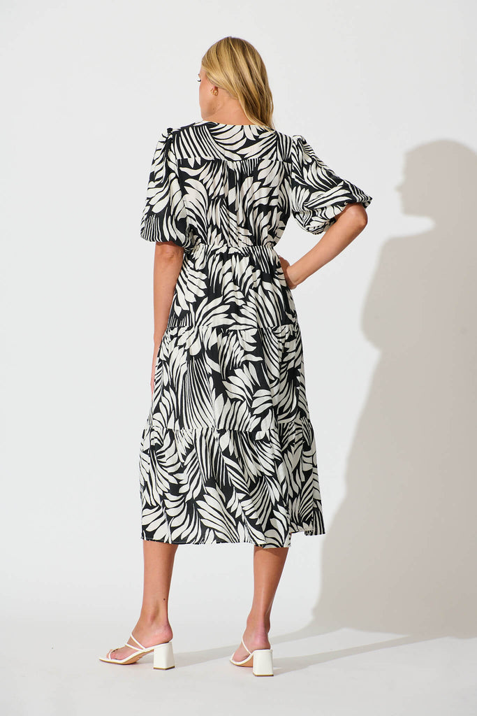 Baltimore Midi Dress in Black with Cream Leaf Print - back