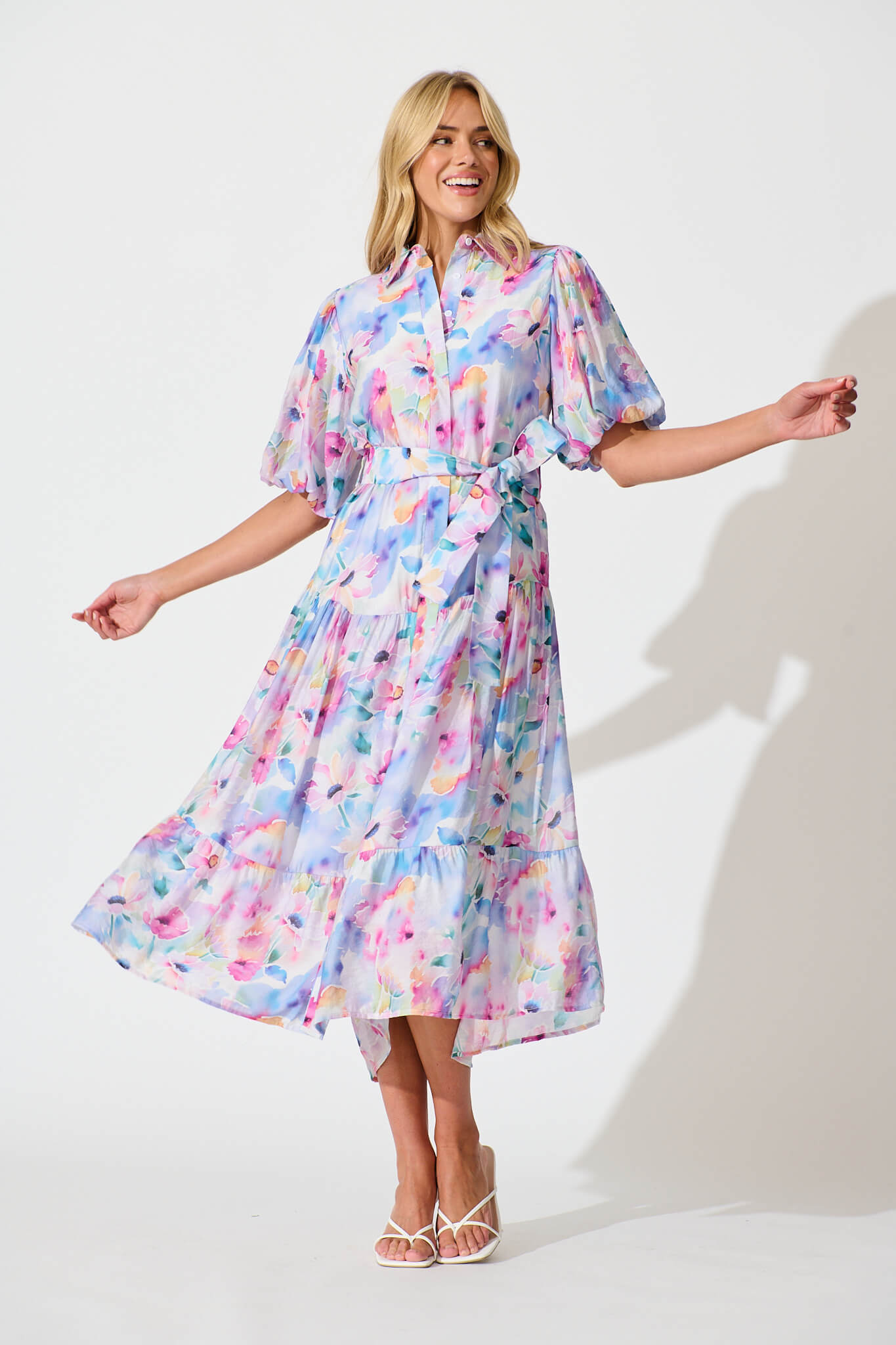 Rosina Maxi Shirt Dress in Pastel Watercolour Floral - full length