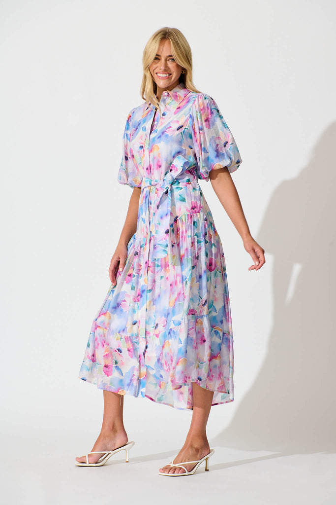 Rosina Maxi Shirt Dress in Pastel Watercolour Floral - side