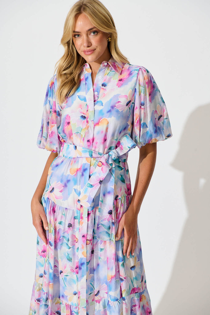 Rosina Maxi Shirt Dress in Pastel Watercolour Floral - front