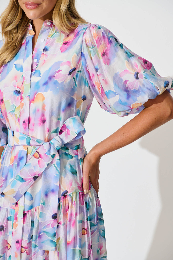 Rosina Maxi Shirt Dress in Pastel Watercolour Floral - detail