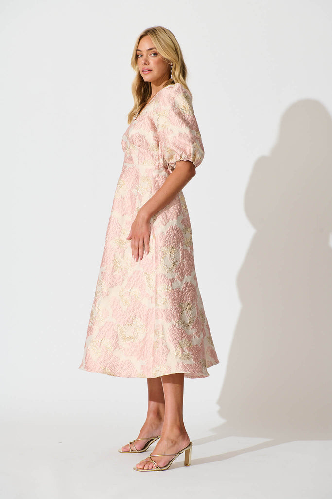 Opulence Midi Dress in Blush with Gold Jacquard - side