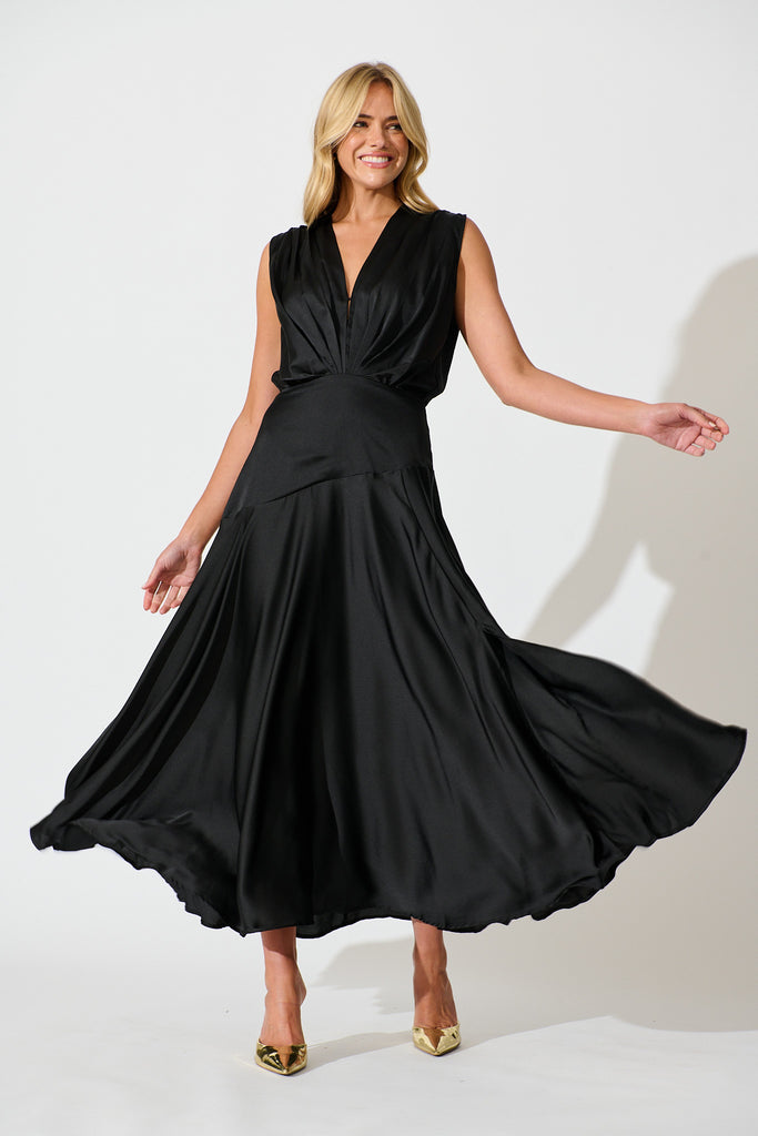 Jenibelle Maxi Dress in Black Satin - full length