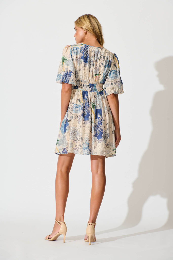 Soleil Dress in Beige with Blue Multi Floral - back