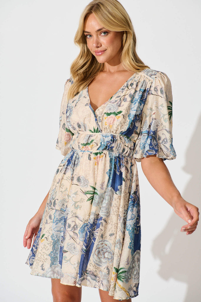 Soleil Dress in Beige with Blue Multi Floral - front