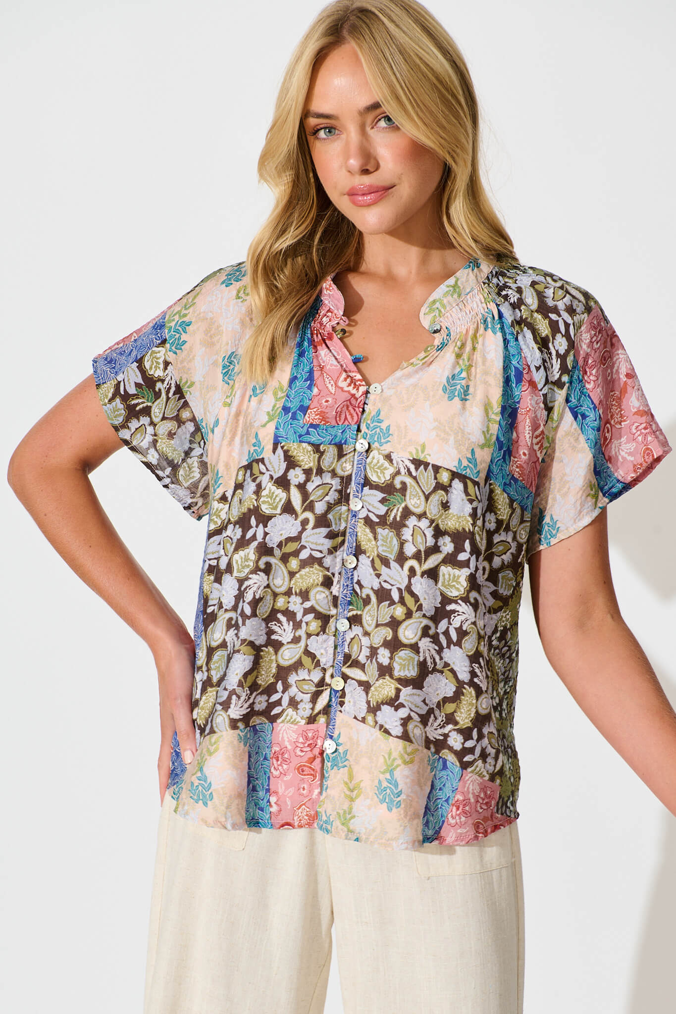 Lombard Top in Multi Patchwork Print - front