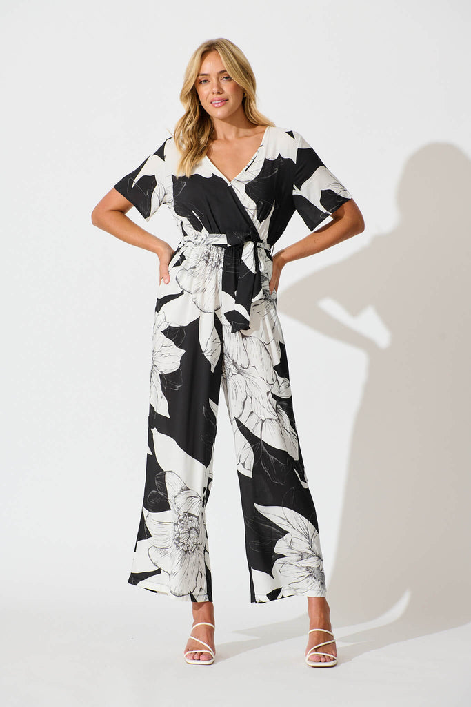 Calliope Jumpsuit In Black With White Floral - full length