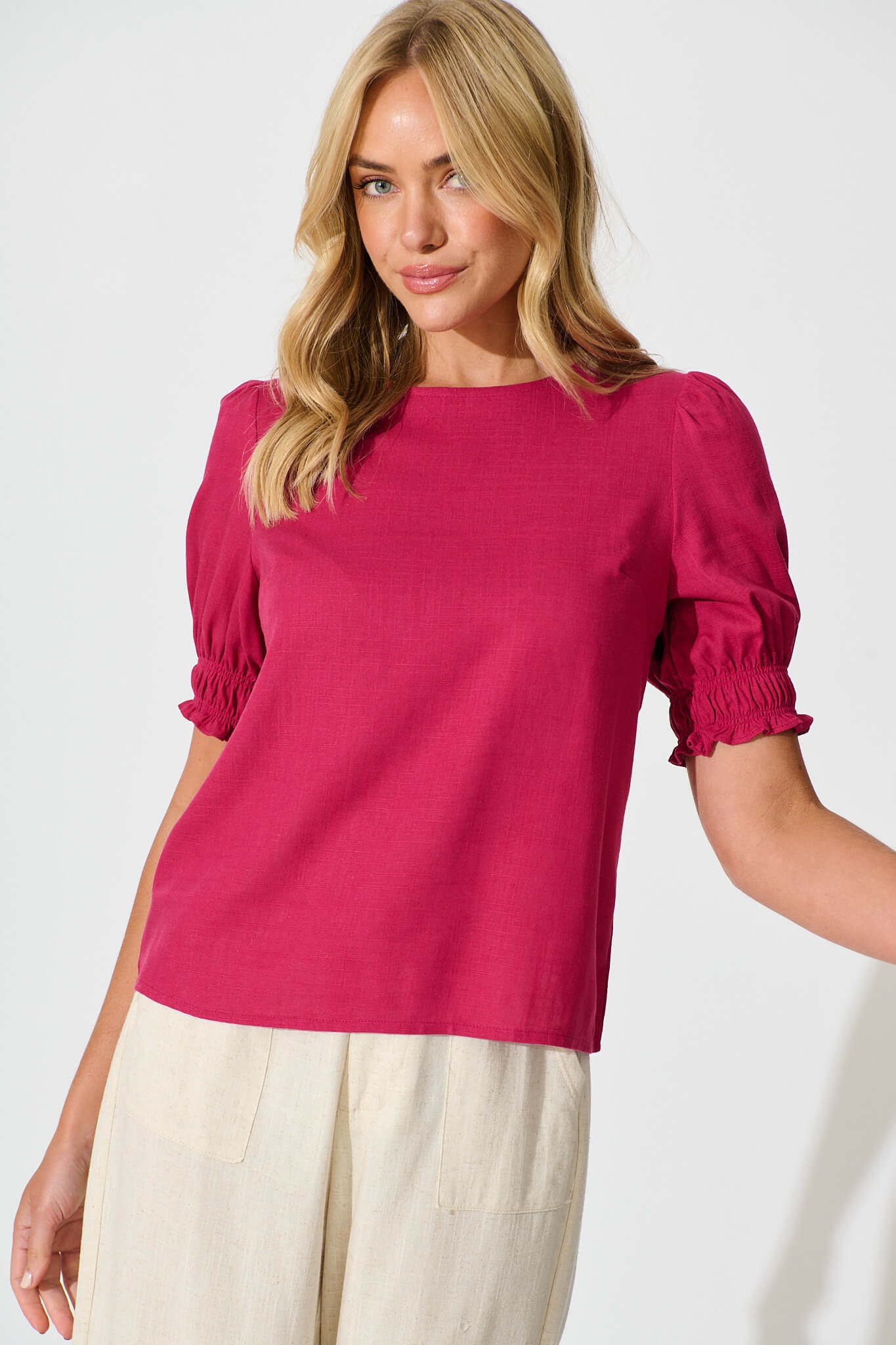 Melanie Top In Deep Rose Cotton Linen Blend - front