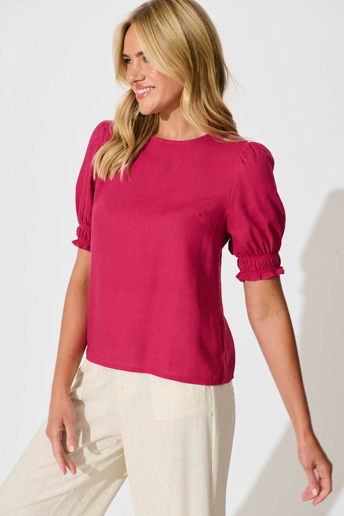 Melanie Top In Deep Rose Cotton Linen Blend - side