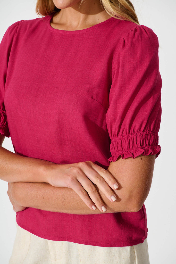 Melanie Top In Deep Rose Cotton Linen Blend - detail