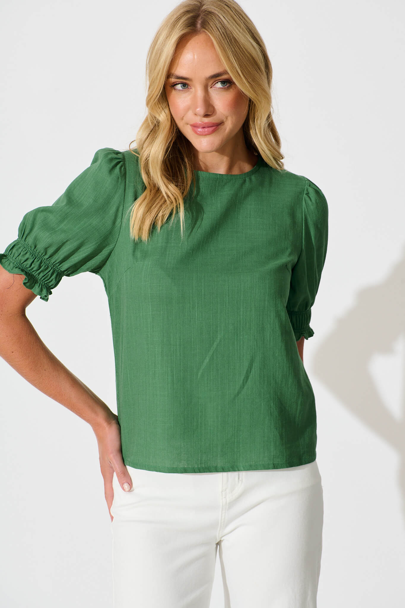 Melanie Top in Green Cotton Linen Blend - front