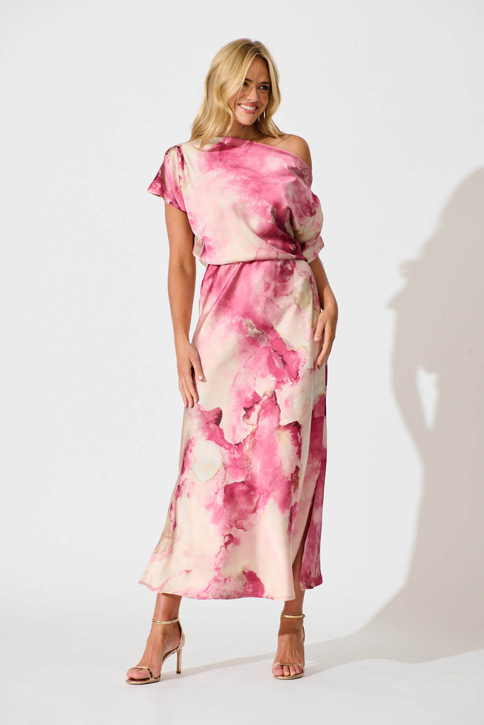 Sarita Maxi Off Shoulder Dress in Magenta Watercolour Satin - full length