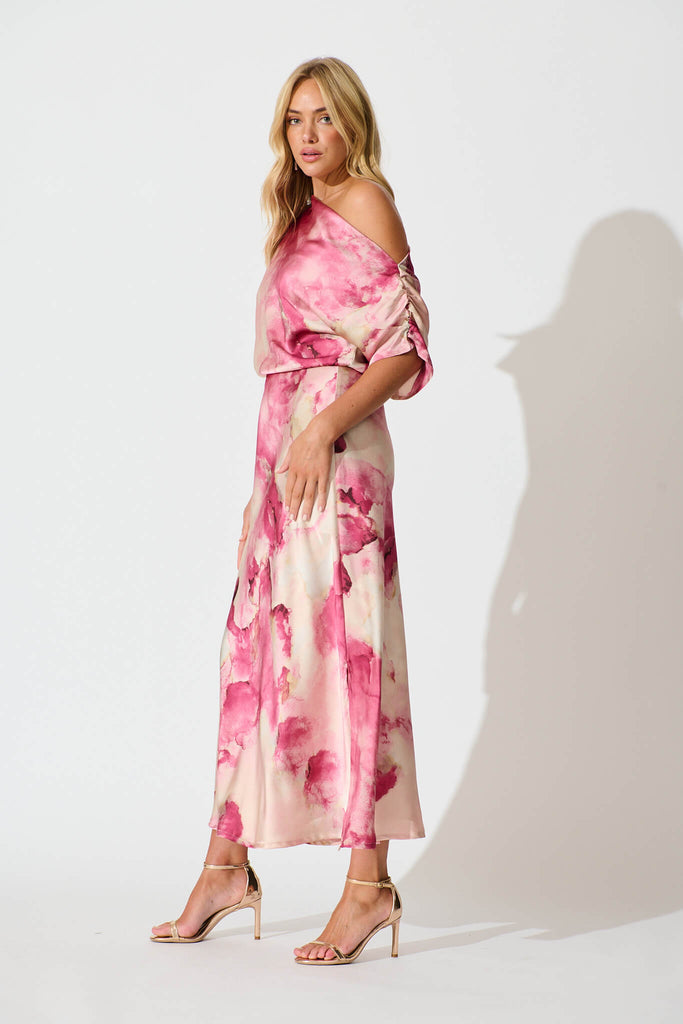 Sarita Maxi Off Shoulder Dress in Magenta Watercolour Satin - side