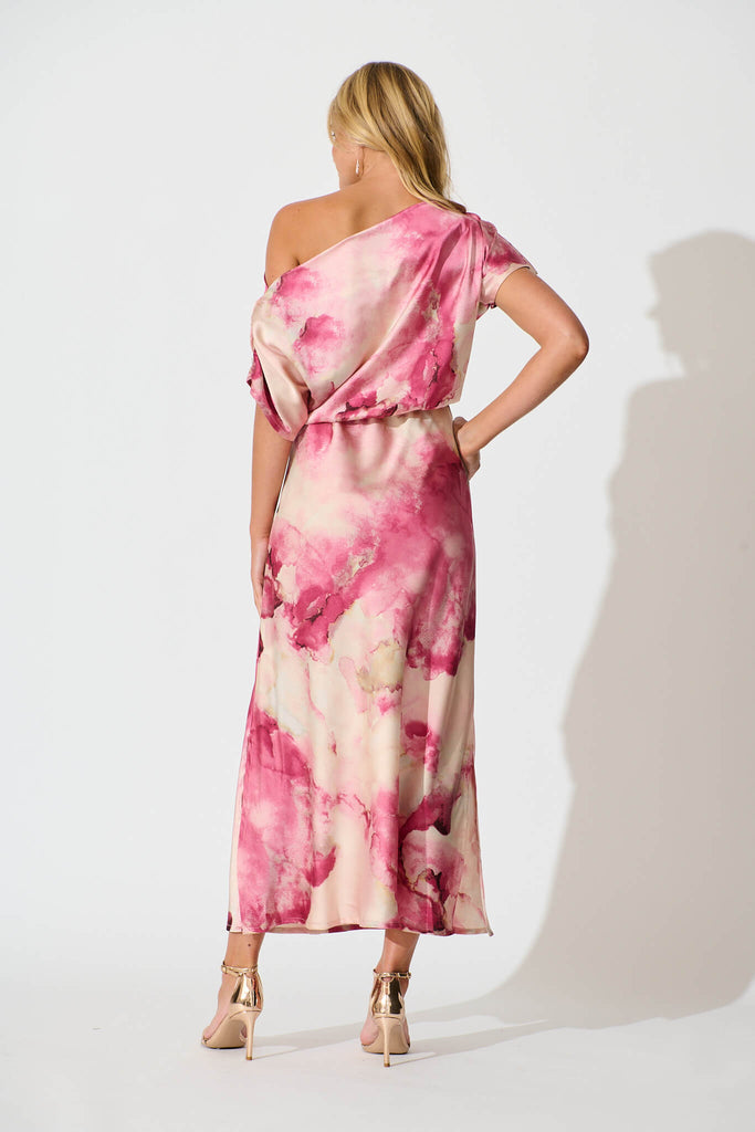 Sarita Maxi Off Shoulder Dress in Magenta Watercolour Satin - back